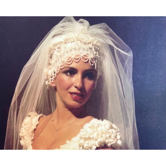 Vintage 1979 Priscila Of Boston Bridal Veil Headpiece Made Of Satin Pearl Beads - Picture 1 of 10